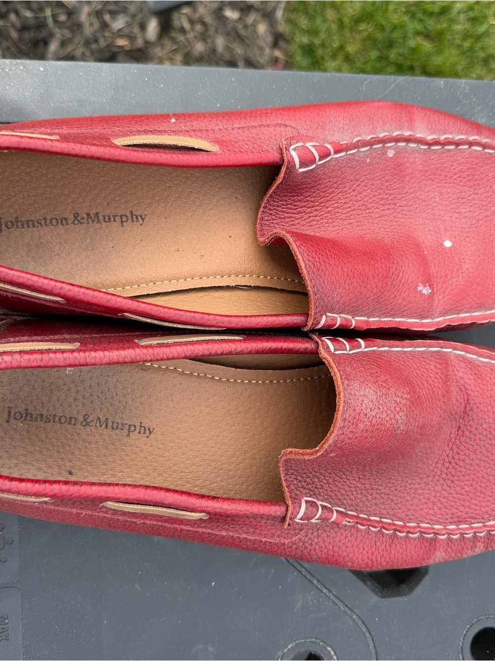 Johnston & Murphy Red Leather Slip-On Loafers with White Stitching
